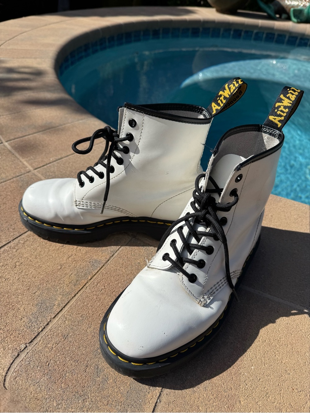 Dr. Martens White Leather 8-Eye Lace-Up Boots with Black Accents
